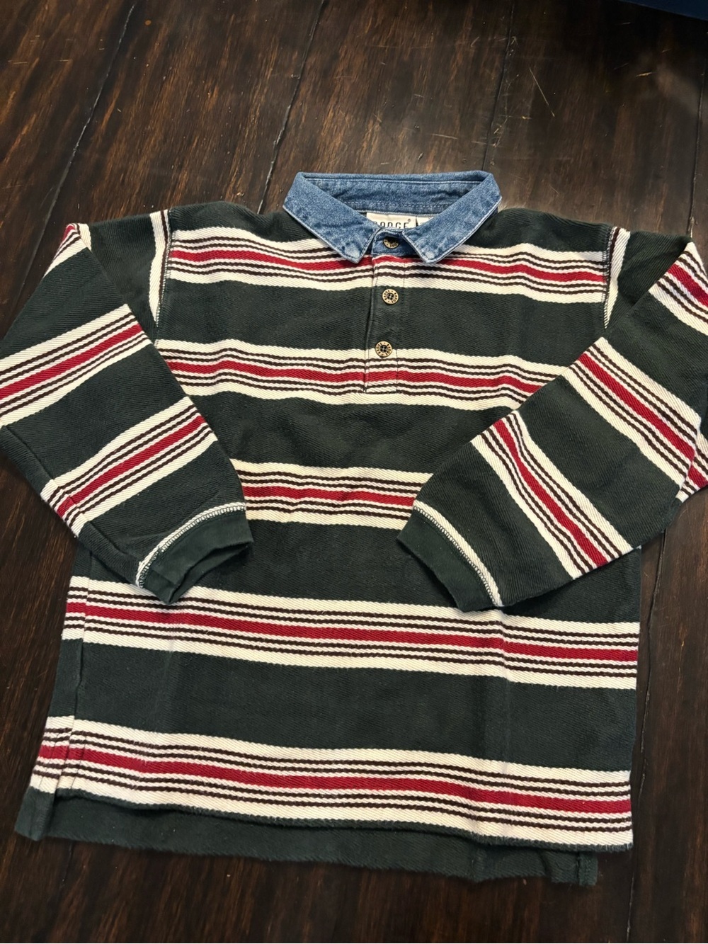 Badge Striped Dark Rugby Polo long sleeve w/ Denim Collar - Kids size XL/7X